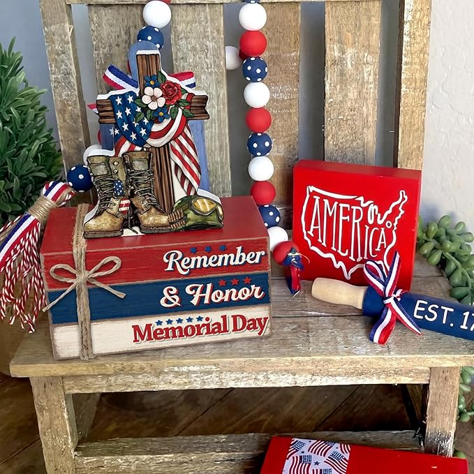 Geelin 4 Pcs Memorial Day Wooden Book Stack Decorations, Patriotic Tabletop Book Sign Set with Boots Cross Helmet and Flag, Rustic Red White Blue Tiered Tray Decor for Home, Office, Veterans Day