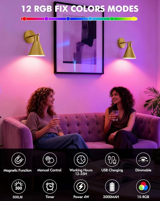Modern Wireless Battery Operated Wall Sconces, Gold Rechargeable Cordless LED Wall Lights Set of Two, Dimmable Battery Powered Wall Decor Lamp Fixture with Remote Control for Bedroom Indoor