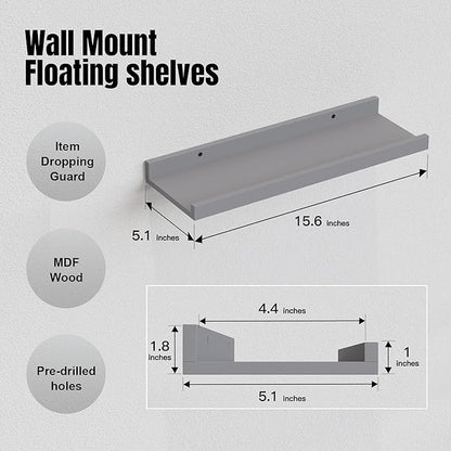 RICHER HOUSE 8 Set Floating Wall Mounted Shelves, Nursery Hanging Book Shelves with Lip for Storage, Gray Display Picture Ledge Shelf for Bedroom Bathroom Kitchen Living Room Wall Decor, Modern Grey