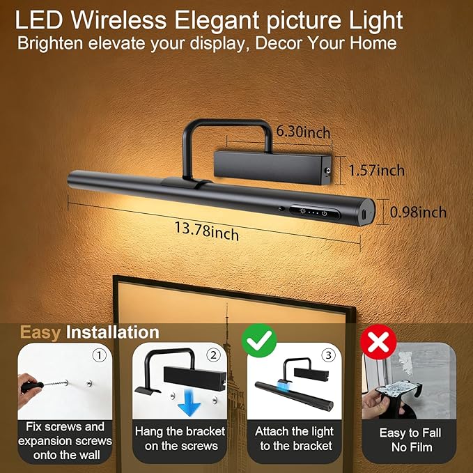 Picture Lights Wall Battery Operated, 14" 6000mAh Rechargeable Display Light with Remote/Rotatable/Dimmable/3CCT Magnetic Wireless Lamp for Painting/Gallery/Artwork/Portraits/Phote/Frame/Poster(Black)