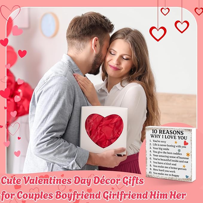 Valentines Desk Decor, Valentine's Day Home Office Table Sign for Wife Daughter from Dad Husband, Valentine Gifts Decorations for Porch Tiered Tray Shelf Party, 10 Reasons Why I Love You