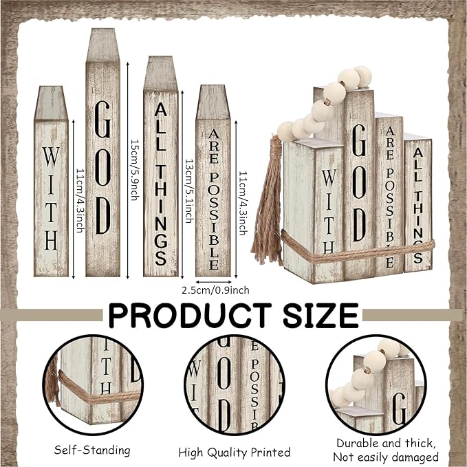 4 Pcs Christian Table Decor Wooden Book Stack Decor with God All Things are Possible Farmhouse Centerpiece with Beaded Garland Tassel Christian Home Decorations for Office, Shelf, Gift