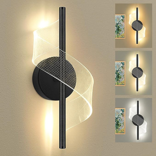 Modern LED Wall Sconce - 12" Height Spiral Wall Lamp with Acrylic Shade - 3000K 4000K 6000K Indoor Hardwired Wall Fixture for Bedroom Living Room Hallway Corridor (Black 1pack)