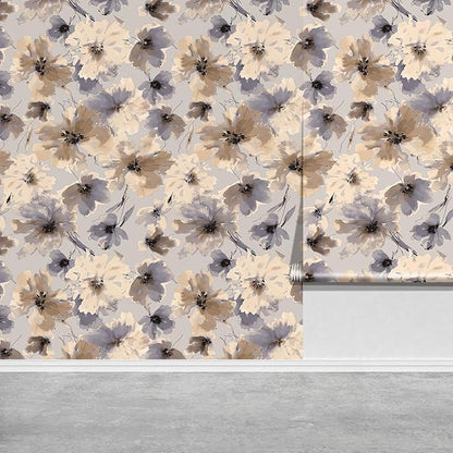 Purple Watercolor Floral Peel and Stick Wallpaper, 118" x 17.3" Vintage Removable Waterproof Self Adhesive Wall Paper, Brown Flower Contact Paper Peel and Stick for Classroom Cabinets 14.4 sq.ft