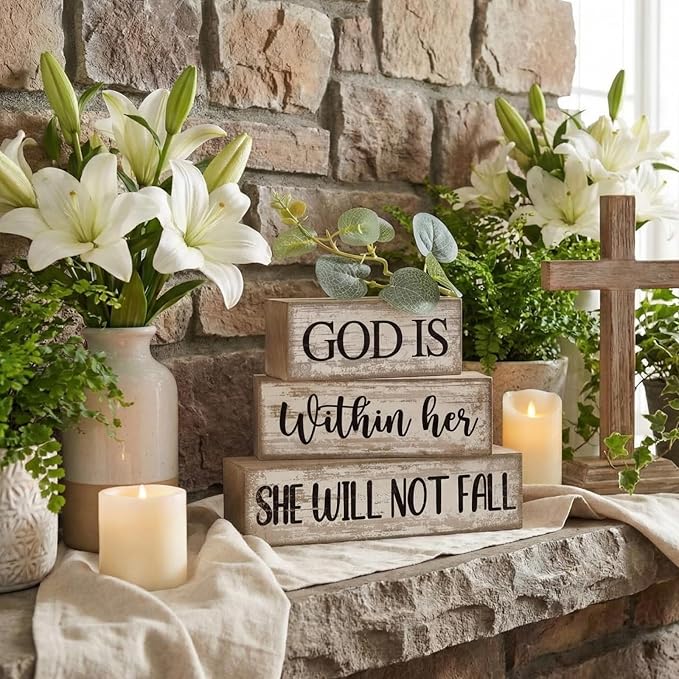 4 Pcs Christian Table Decor Inspirational Religious Gifts for Women God Is Within Her Bible Verse Wooden Block Signs Gift Farmhouse Christian Centerpiece for Mother's Day Home & Office