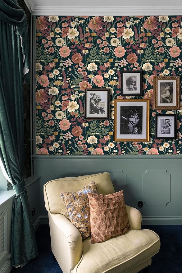 EchoSphere 16.9 inx118 in Floral Peel and Stick Wallpaper Boho Vintage Floral Wall Paper Removable Flower and Leaf Contact Paper Self Adhesive Decorative Wallpaper for Cabinets Accent Wall Covering