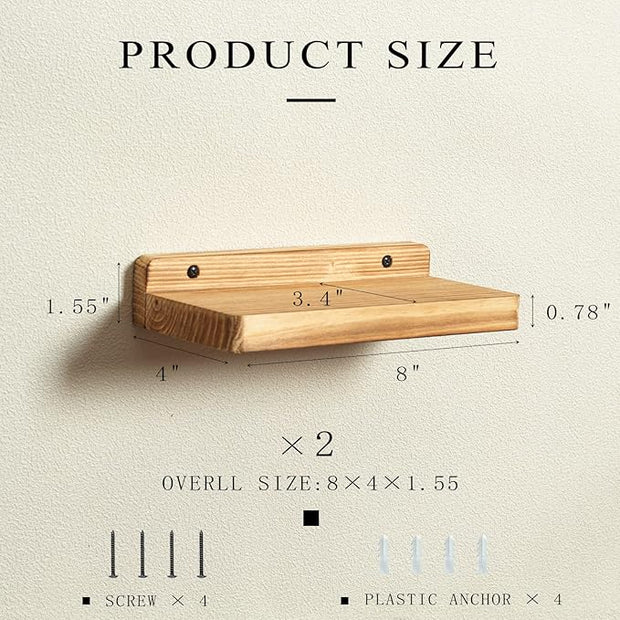 Freezing point Small Floating Shelf for Wall Set of 2 Natural Wood 8Inch Mini Wall Shelves Decor Plant Display Collectibles Mounted Kitchen Bathroom Bedroom Corner Decorative Storage Tiny Stand
