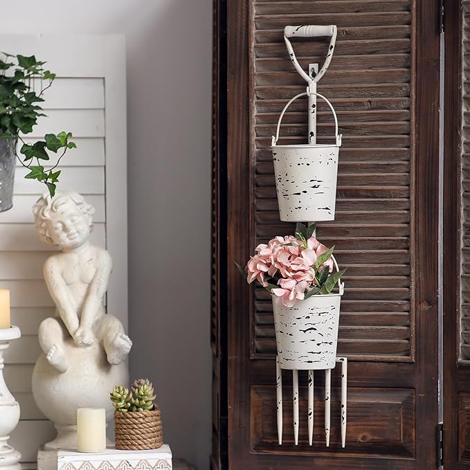 SOFE Farmhouse Wall Flower Pot, Distressed White Wall Planter Pitchfork Shaped, Metal Hanging Planter, Indoor Plant Hanger Vertical Garden Planter, Unique Planters Outdoor Wall Decor