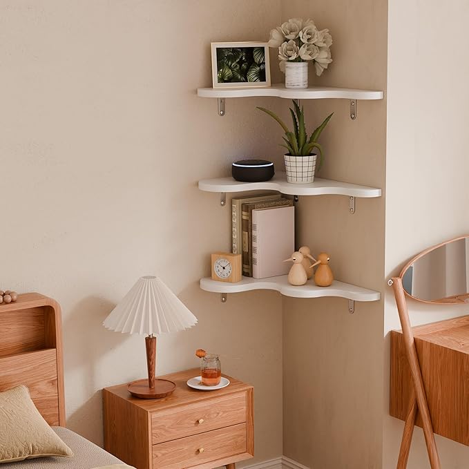 Cute Cloud Shelf Set of 3 - Wavy Floating Corner Shelves Wall Mounted, Corner Shelf Floating with Brackets, Nursery Shelves for Wall Decor, Bedroom,Living Room,Bathroom&Kids Room-White