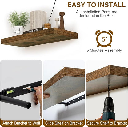 Floating Shelves, 8 Inch Deep Floating Shelves, 24"W x 8"D Wall Shelves Set of 2, Rustic Wood Floating Shelf for Home Decor, Deep Storage Shelves for Kitchen, Bedroom, Living Room, Rustic Brown