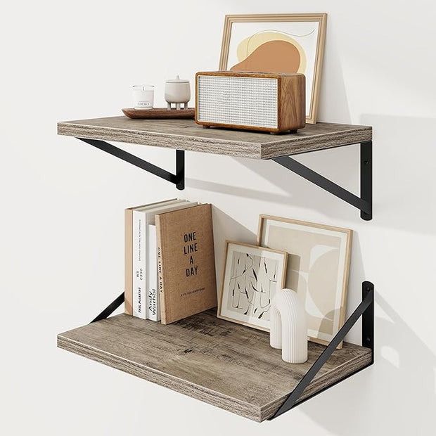 Floating Shelves, 12 Inch Deep Rustic Wood Wall Storage, 16W x 12D Wall Shelves Set of 2, Heavy Duty Metal Brackets, Large Industrial Book Shelf for Living Room, Kitchen, Bedroom, Grey
