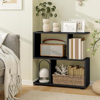 LOKO 3-Tier Geometric Bookshelf, S-Shaped Open Bookcase, Freestanding Decorative Storage Shelving, Home Storage Organizer for Living Room, Bedroom, Home Office (1, Black)
