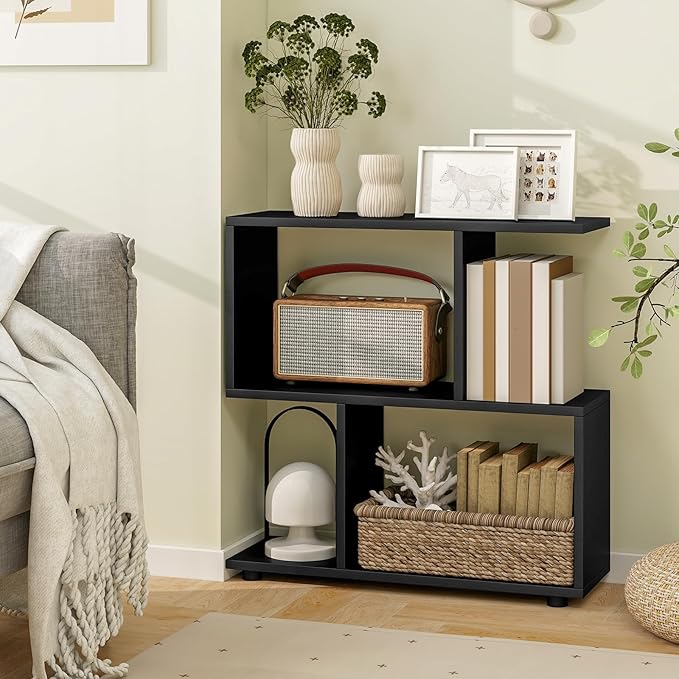 LOKO 3-Tier Geometric Bookshelf Set of 2, S-Shaped Open Bookcase, Freestanding Decorative Storage Shelving, Home Storage Organizer for Living Room, Bedroom, Home Office (2, Black)