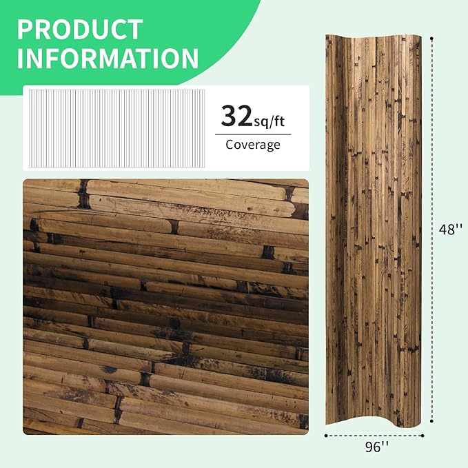 Natural Bamboo Wall Panel for Interior Wall Decor, Renewable Pole Wrap Wainscoting Paneling for Wall Ceiling Furniture Cabinet Office, 48 x 96 Inch, Dark Burned