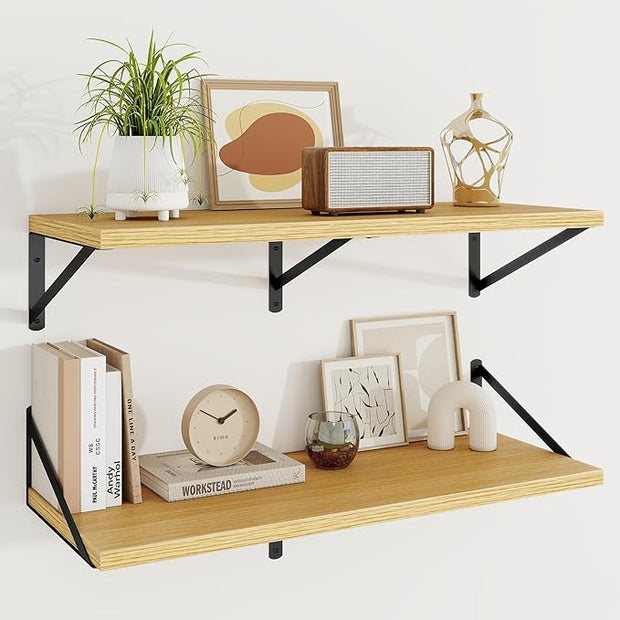 Floating Shelves, 12 Inch Deep Rustic Wood Wall Storage, 36W x 12D Wall Shelves Set of 2, Heavy Duty Metal Brackets, Large Industrial Book Shelf for Living Room, Kitchen, Bedroom, Oak