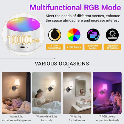 Battery Operated Wall Sconces Set of Two, Rechargeable Wireless Wall Lights with 10000mAh RGB Dimmable Detachable Bulb, Battery Sconces Wall Decor with Remote for Bedroom Living Room Hallway