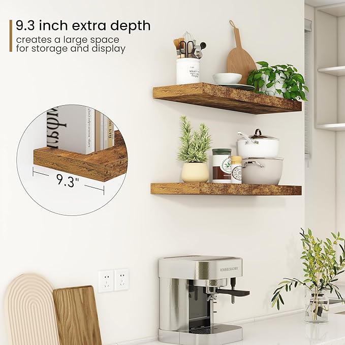 Fun Memories 32Inch Floating Shelves, 9.3Inch Deep Rustic Wall Shelves - Extra Deeper & Thicker Wall Mounted Storage Shelf for Kitchen, Farmhouse - 32