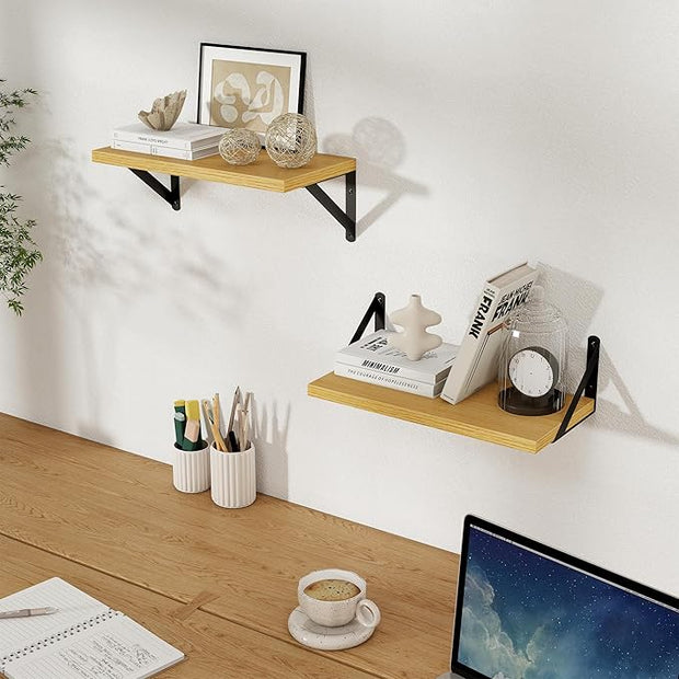 Floating Shelves, 8 Inch Deep Rustic Wood Wall Storage, 16W x 8D Wall Shelves Set of 2, Heavy Duty Metal Brackets, Industrial Book Shelf for Living Room, Kitchen, Bathroom, Bedroom, Oak