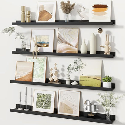 Fun Memories Picture Ledge Shelves Set of 4, 36 Inch Rustic Wall Mounted Floating Shelves with Lip for Home Storage and Décor in Bathroom, Kitchen, Nursery, Bedroom, Living Room, Black
