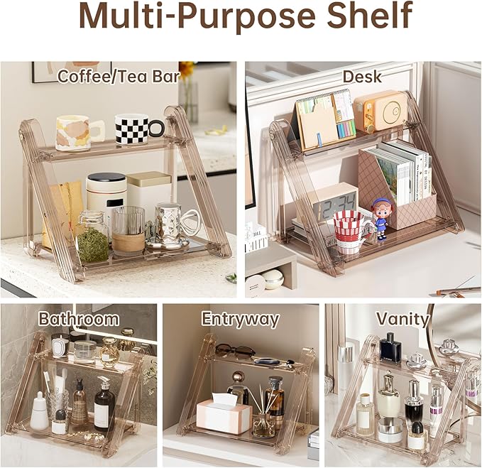 NiHome Foldable Countertop Coffee Station Organizer Rack, 2-Tier Shelf for Coffee Bar Accessories, Condiment Storage Caddy for Kitchen, Home, Office (Brown)