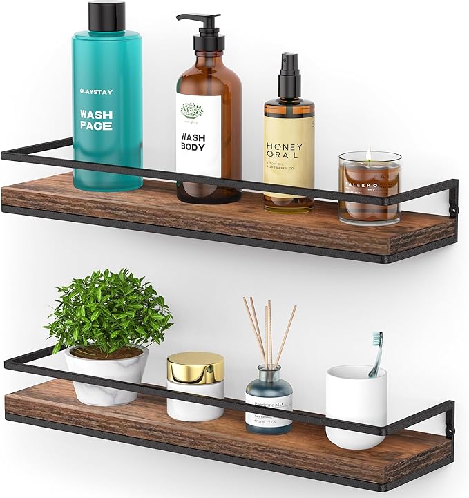 Meangood Floating Shelves Wall Mounted Set of 2, Rustic Wood Wall Storage Shelves for Bedroom,Living Room,Bathroom, Kitchen Rustic Brown
