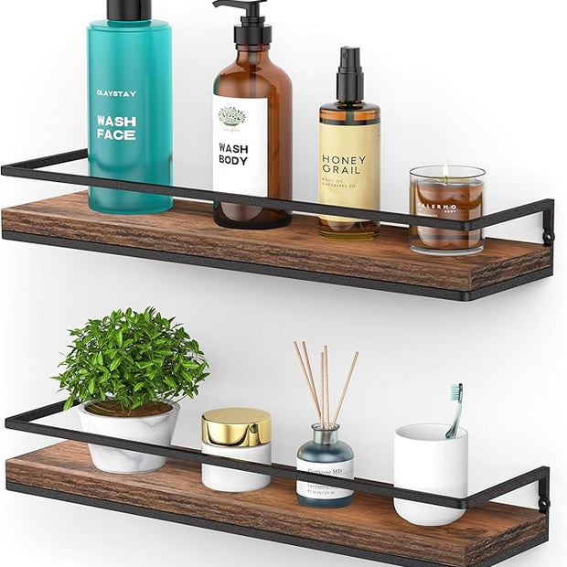 Meangood Floating Shelves Wall Mounted Set of 2, Rustic Wood Wall Storage Shelves for Bedroom,Living Room,Bathroom, Kitchen Rustic Brown