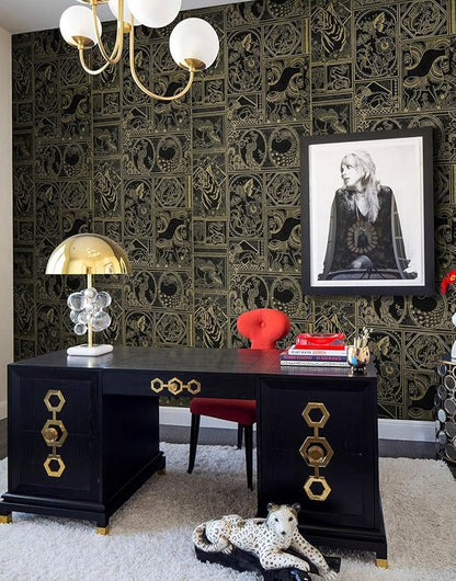 Erfoni 197"x17.7" Black and Gold Wallpaper Vintage Self Adhesive Peel and Stick Wallpaper Retro Animail Pattern Contact Paper DIY Stick and Peel Removable Wall Paper Decoration Bedroom Wall Vinyl Roll