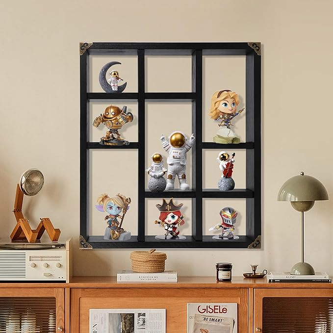 17.7x15.7-Inch Shadow Box Shelf 9-Slot Rustic Floating Shelves Larger Wall Mounted Lightweight Solid Wood Display Freestanding Farmhouse Shelf (9C-Classic Black)
