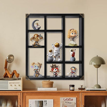 17.7x15.7-Inch Shadow Box Shelf 9-Slot Rustic Floating Shelves Larger Wall Mounted Shelf Lightweight Solid Wood Display Freestanding Farmhouse Shelf (Set of 2,9C-Classic Black)