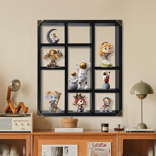 17.7x15.7-Inch Shadow Box Shelf 9-Slot Rustic Floating Shelves Larger Wall Mounted Shelf Lightweight Solid Wood Display Freestanding Farmhouse Shelf (Set of 2,9C-Classic Black)