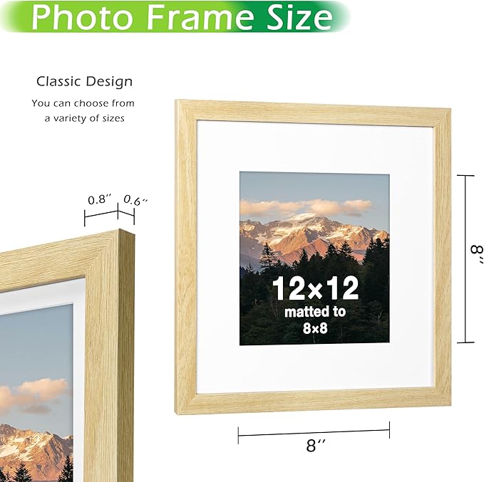 FrameWorks 2-Pack, 12x12 Matted to 8x8 Picture Frame, Natural Oak – Classic Wooden Photo Frame with Tempered Glass, Modern Matte Finish for Prints, Posters, Certificates & Wall Decor – Gallery-Ready