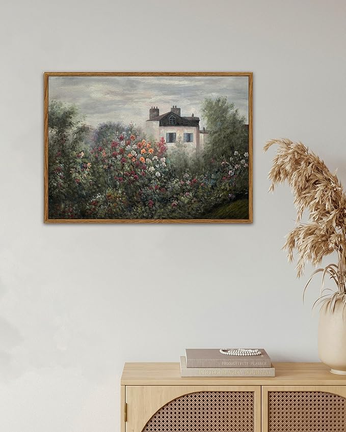 SHENIFY Landscape Framed Canvas Wall Art Vintage Classical Flower Garden Prints Hallway Bathroom Office Decor - 11x14in Natural Framed