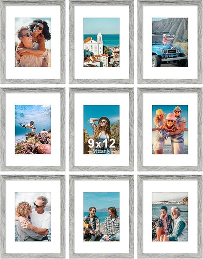 Vittanly 9x12 Picture Frames Set of 9, Shatter Resistant Plexiglass, Display 6x8 Pictures with Mat or 9x12 without Mat, Photo Frames for Wall or Tabletop, Engineered Wood, Grey