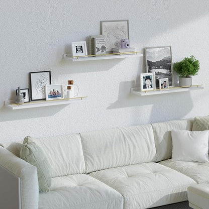 WOPITUES Floating Shelves 24 inch with Gold Metal Guardrail, Shelves for Wall Decor Set of 3, Wall Shelves for Bedroom, Bathroom, Kitchen, Living Room, Plants, Picture Frames, Art- White and Gold