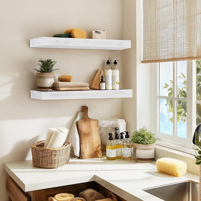24x6.8x2 Inch Rustic Floating Shelves for Wall Set of 2 - White Solid Wood Wall Mounted Shelves with Invisible Bracket, Extended Design for Farmhouse Living Room Bedroom Kitchen Decor