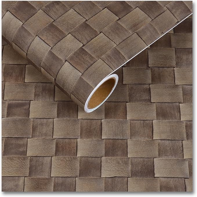 CRE8TIVE Tan Brown Rattan Peel and Stick Wallpaper Non-Textured Weaving Cane Wallpaper for Bedroom Bathroom Faux Woven Rattan Look Contact Paper Waterproof Vinyl for Cabinets Table Nightstand 12