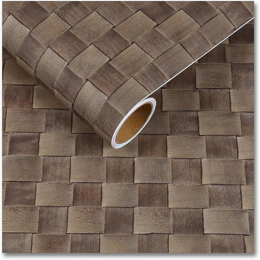 CRE8TIVE Tan Brown Rattan Peel and Stick Wallpaper Non-Textured Weaving Cane Wallpaper for Bedroom Bathroom Faux Woven Rattan Look Contact Paper Waterproof Vinyl for Cabinets Table Nightstand 12"x354"