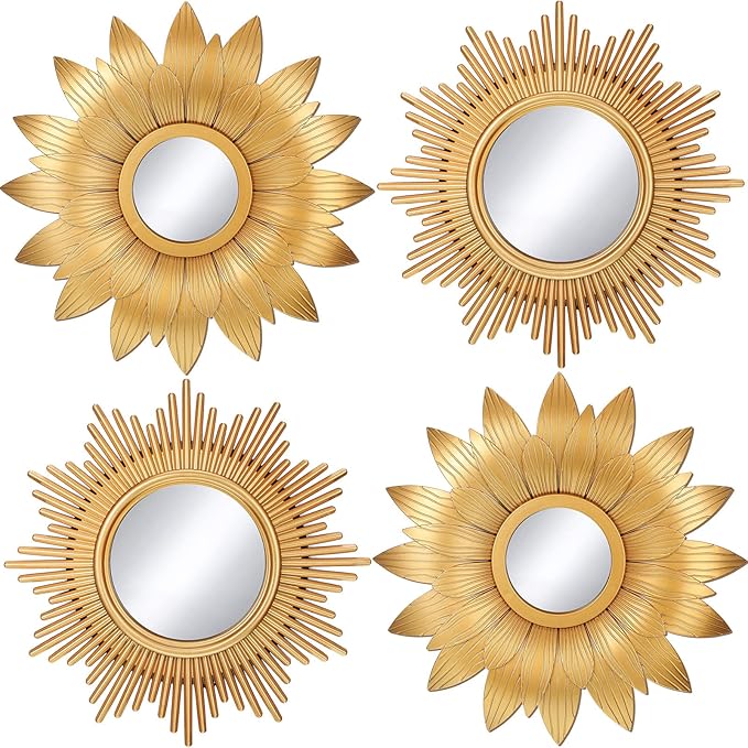 Jetec 4 Pcs Big Sunburst Wall Mirror Gold Vintage Mirror Set for Wall Metal Hanging Round Decorative Mirrors Accessories Modern Present for Living Room Bedroom Entryway Home Decor 10 Inch