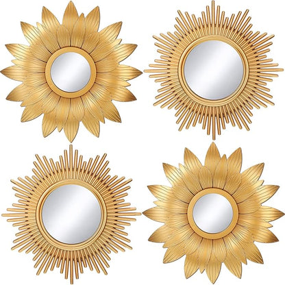 Jetec 4 Pcs Big Sunburst Wall Mirror Gold Vintage Mirror Set for Wall Metal Hanging Round Decorative Mirrors Accessories Modern Present for Living Room Bedroom Entryway Home Decor 10 Inch