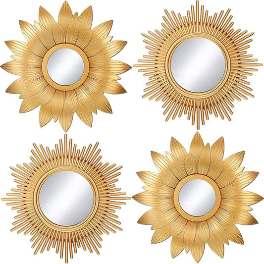 Jetec 4 Pcs Big Sunburst Wall Mirror Gold Vintage Mirror Set for Wall Metal Hanging Round Decorative Mirrors Accessories Modern Present for Living Room Bedroom Entryway Home Decor 10 Inch