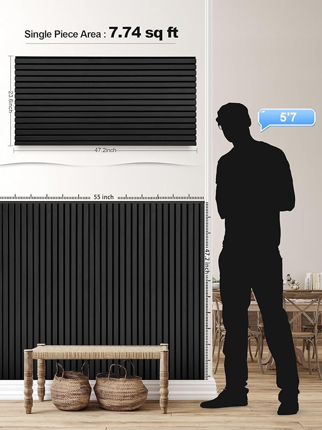 Mollywell Wood Panels for Wall, Time-Saving Installation, Versatile Wood Slat Wall Decor, Enhanced Acoustic & Sound Proof Fluted Design for Home & Office, 4 Pcs Black Oak, 47.2x23.6 Inch