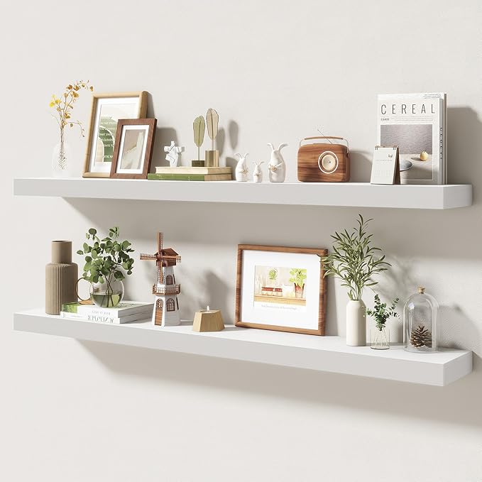 48 Inch Floating Shelves | 6.5 Inch Deep White Floating Shelves Set of 2 | 48" W x 6.5" D Rustic White Wood Wall Shelves with Invisible Brackets for Bathroom Living Room Bedroom