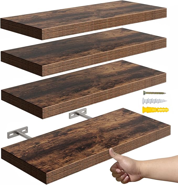 16’’Rustic Brown Floating Shelves for Wall Set of 4,Rustic Wood Shelf for Room Decor/Storage/Display,Small Bookshelf,Wall Mounted Hanging Shelves for Bedroom, Bathroom, Living Room, Kitchen