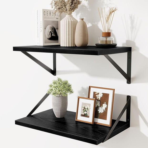 Floating Shelves for Wall,18" Wall Mounted Shelves Set of 2,Wood Floating Shelf with Bracket,Sturdy Metal Bracket Bookshelves Home Decor Storage for Living Room,Bedroom,Bathroom,Kitchen,Black