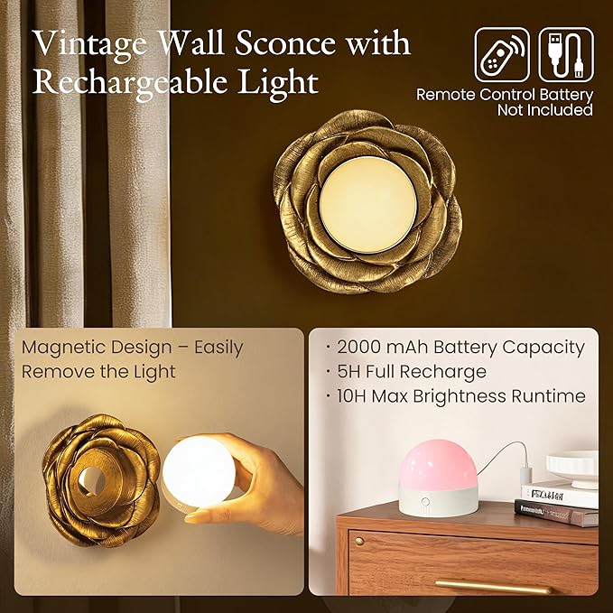AELS Battery Operated Wall Sconces Set of 2, Vintage Gold Wireless Wall Lights with 3 Color Temps & Dimmable RGB Mode, Rechargeable with Detachable LED Bulbs & Remote for Bedroom Living Room，Floral