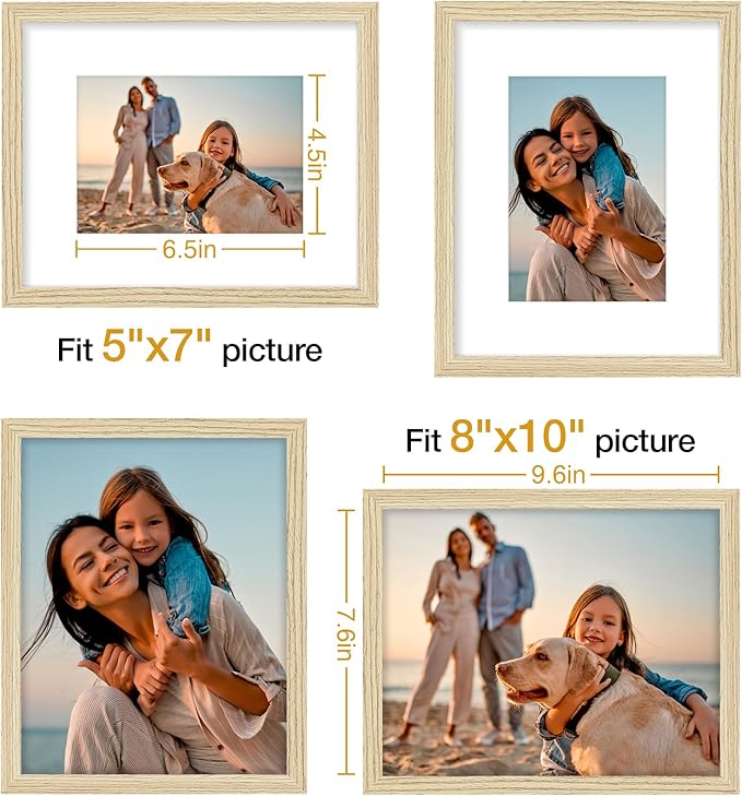 Vittanly 8x10 Picture Frame Set of 4, Display Pictures 5x7 with Mat or 8x10 without Mat, Engineered Wood with Shatter Resistant Plexiglass, Wall Gallery Photo Frames for Wall or Tabletop, Natural
