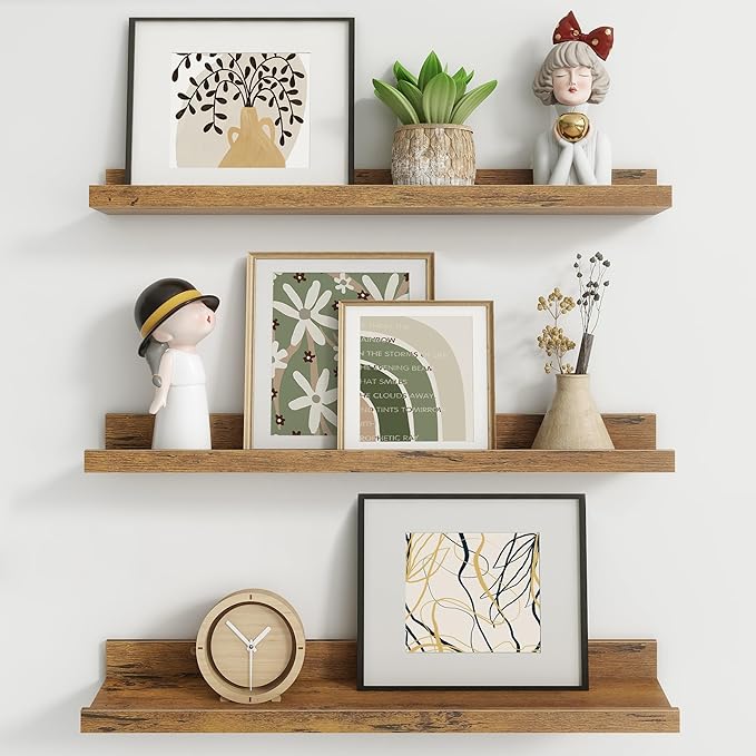 Axeman Picture Ledge Shelf | 24 Inch Brown Floating Shelves Set of 3 | Rustic Brown Wood Wall Shelves with Lip | 24