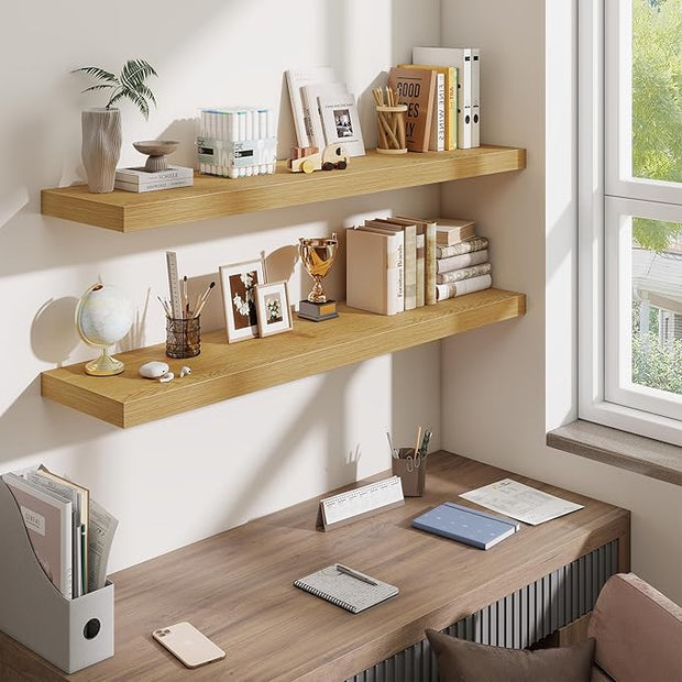 Fun Memories 48 Inch Floating Shelves for Wall - 10 Inch Deep Fireplace Mantel Shelf - Wood Floating Shelves for Wall - Large Storage Shelf Wall Mount for Living Room & Bedroom - Oak - Set of 1