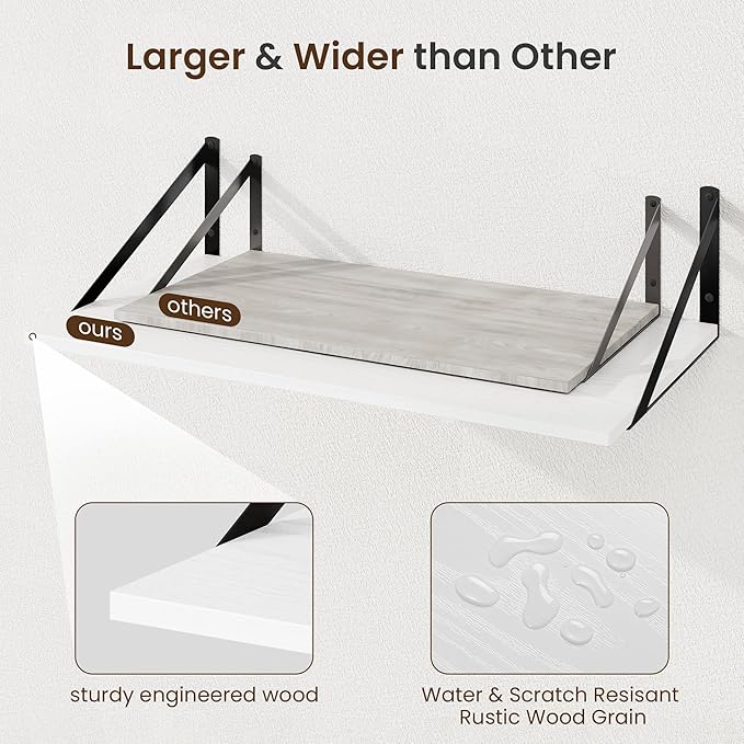 Fun Memories Floating Shelves for Wall, 12 Inch Deep Floating Shelves Set of 2, 48W x 12D Large Wall Shelf with Sturdy Metal Brackets for Living Room, Bathroom, Bedroom and Kitchen, White