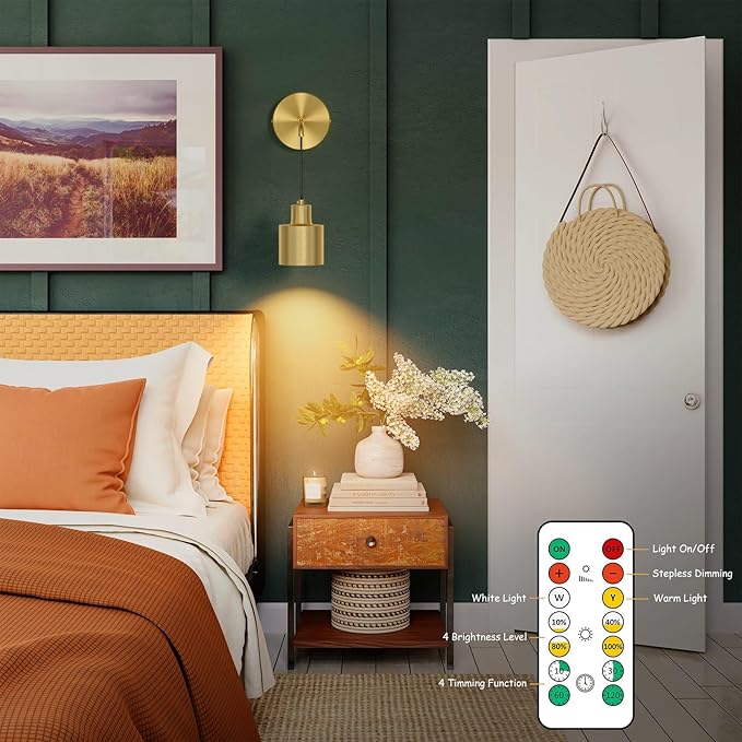 Battery Operated Wall Sconces Set of 2,Gold Wireless Wall Light Indoor Dimmable 3 Colors Non Hardwired with Remote Control(Bulbs Include)
